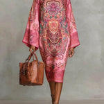 Long Sleeves Loose Contrast Color Printed Mock Neck Midi Dresses
