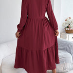 High Waisted Long Sleeves Pleated Ruffled Solid Color Lapel Midi Dresses Shirt Dress