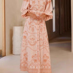Long Sleeves Loose Belted Buttoned Contrast Color Printed Split-Joint Split-Side Lapel Maxi Dresses Shirt Dress