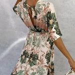 Retro V-neck Printed Short-sleeved Waist-length Maxi Dress