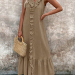 A-Line Loose Pleated Ruffle Trim Solid Color V-Neck Maxi Dresses