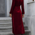 A-Line High Waisted Elasticity Solid Color Split-Front Split-Joint Tied Waist Velvet V-Neck Maxi Dresses