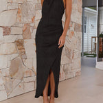Loose Sleeveless Backless Pleated Solid Color Split-Front Split-Joint Halter-Neck Midi Dresses