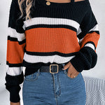 Striped Contrasting Metal Buckle Loose Long-sleeved Knitted Sweater