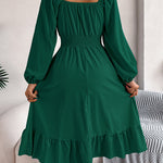 A-Line Elasticated Waist Pleated Ruffled Solid Color Square-Neck Midi Dresses