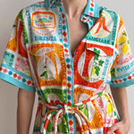 A-Line High Waisted Buttoned Contrast Color Printed Split-Joint Tied Waist Lapel Maxi Dresses Shirt Dress