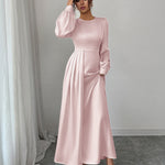 A-Line Elasticated Waist Asymmetric Pleated Solid Color Split-Joint Round-Neck Maxi Dresses
