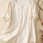 Solid Color Hollow Embroidery Lace Stitching Short-Sleeved Shirt