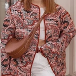 Retro Print Loose V-Neck Cardigan Cotton Jacket