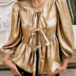 Gold Solid Color Bowknot Front Puff Sleeve Blouse