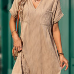 Loose Short Sleeves Pleated Solid Color Split-Joint V-Neck Mini Dresses