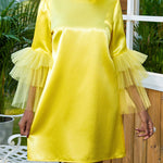 Half Sleeves Loose Shiny Solid Color Split-Joint Tulle Round-Neck Mini Dresses