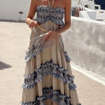 Ultimate Island Linen Blend Fringed Patchwork Cutout Halter Maxi Dress