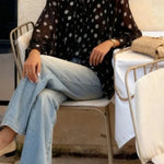 Polka Dot Print Tie-waist Lantern Sleeve Elegant Loose Shirt