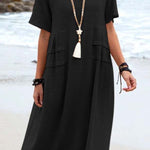 Summer loose casual cotton and linen solid color round neck short-sleeved mid-length dress