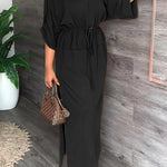 Loose Drawstring Solid Color Split-Side V-Neck Maxi Dresses