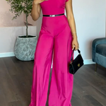 Cap Sleeve Wide Leg No Belt Solid Color Stand Collar Jumpsuits