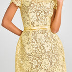 Champagne Toast Flower Lace Short Sleeve Bow Belted Mini Dress