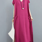 Simple Ramie Cotton Solid Color Split-Side With Pocket V-Neck Short Sleeves Maxi Dress