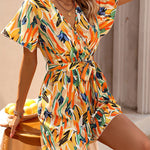 High Waisted Loose Printed Tied Waist V-Neck Mini Dresses