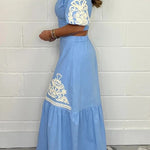 Stylish V-neck Puff-sleeved Crop Top and Elastic Waist Paneled Maxi Skirt Set