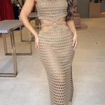 Stunning Gaze Knit Texture Ring Side Waist Cutout Stretch Maxi Dress（Note: top without lined, you can bring your own bra）