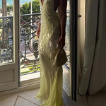 Deep V Neck Sequins Fishtail Hem Backless Gowns Slip Maxi Dresses-Yellow