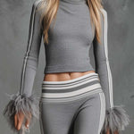 Retro Fashion Sporty Gray Knitted Feather Cuffs High-neck Top And Slim-fit Flared Pants Suit