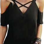 Black Criss Cross V Neck Cold Shoulder T-shirt