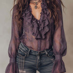 Vintage Paisley Print Ruffled Collar Chiffon Blouse