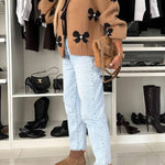 Vernie Knit Jewelry Pendant Bow Pattern Front Tie-up Long Sleeve Loose Cardigan