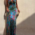 RAINFOREST PARADISE TROPICAL PRINT CUTOUT BACK CROSSOVER STRETCH MAXI DRESS