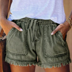 10 Colors Casual Drawstring High Waisted Denim Fringed Shorts