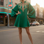 A-Line Long Sleeves Contrast Color Printed Split-Joint Stand Collar Mini Dresses