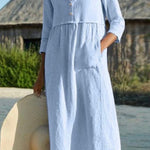 Round neck button pocket cotton and linen sleeves solid color dress