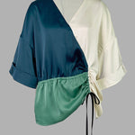 Long Sleeves Loose Color-Block Contrast Color Drawstring Elasticity V-Neck Blouses&Shirts Tops