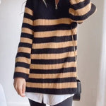 Quarter Zip V Neck Ribbed Knit Striped Pullover Sweater