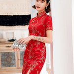 Burgundy&Red Plum Blossom Print Stand Collar Short Cheongsam