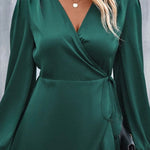 High Waisted High-Low Elasticity Pleated Solid Color Split-Joint Tied V-Neck Mini Dresses
