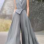 High Waisted Loose Pleated Pockets Solid Color Tied Notched Collar Jumpsuits