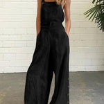 High Waisted Loose Buttoned Pockets Solid Color Spaghetti-Neck Overalls
