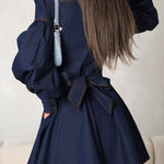 A-Line Long Sleeves Buttoned Pleated Split-Joint Tied Waist Mock Neck Mini Dresses