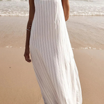 Simple and Stunning Linen Blend Pinstripe Detail Square Neck A-line Maxi Dress