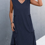 A-line Loose Pleated Solid Color Split-Joint V-neck Midi Dresses