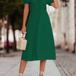 A-Line High Waisted Elasticity Knot Pleated Solid Color Split-Joint V-Neck Midi Dresses