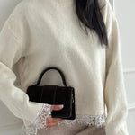 Caitlin Knit Lace Trim Patchwork Long Sleeve Back Slit Relaxed Sweater