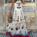 White Flat Collar Printed Patchwork Hem Loose Suspender Dress