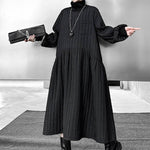 A-Line Long Sleeves Embossed Pockets Quilted Solid Color Split-Joint High Neck Midi Dresses Sweater Dresses