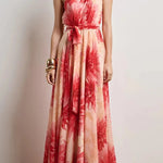 Floral Print One Shoulder Waist Tie Full Hem Resort Style Maxi Dress