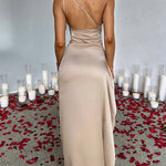Fits Your Curves Satin One Shoulder Drape Slit Maxi Dress